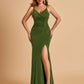 Jersey Mermaid Bridesmaid Dresses Spaghetti Straps V-neck Side Slit Floor Length