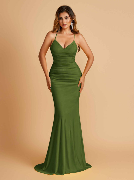 Sexy Jersey Spaghetti Straps Prom Dresses V-neck Mermaid Criss-cross Back Floor Length