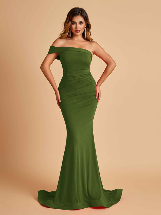 Sexy Jersey One Shoulder Prom Dresses Mermaid Pleats Floor Length Unique
