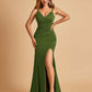Jersey Mermaid Bridesmaid Dresses Spaghetti Straps V-neck Side Slit Pleats Floor Length