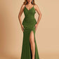 Sexy Jersey Mermaid Bridesmaid Dresses Spaghetti Straps V-neck Criss Cross Side Slit Floor Length
