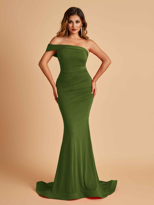 Sexy Jersey One Shoulder Bridesmaid Dresses Mermaid Pleats Floor Length Unique