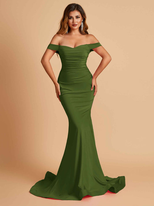 Jersey Mermaid Bridesmaid Dresses Off Shoulder Sweetheart Pleats Floor Length