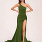 Jersey One-shoulder Prom Dresses Open Back Pleats Side-Slit With Train Long