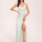 Sexy Satin A-line Prom Dresses Spaghetti Straps Side Slit V-neck Floor Length