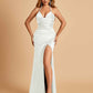 Sexy Satin Halter Straps Sheath Prom Dresses Side Slit Pleats Floor Length