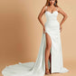 Sexy Satin Sheath Prom Dresses Spaghetti Straps Sweetheart Side Slit With Train