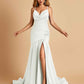 Sexy Satin Mermaid Open Back Prom Dresses Spaghetti Straps V-neck Side Slit