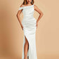 Unique Satin One Shoulder Prom Dresses Side Slit Half Open Back Floor Length