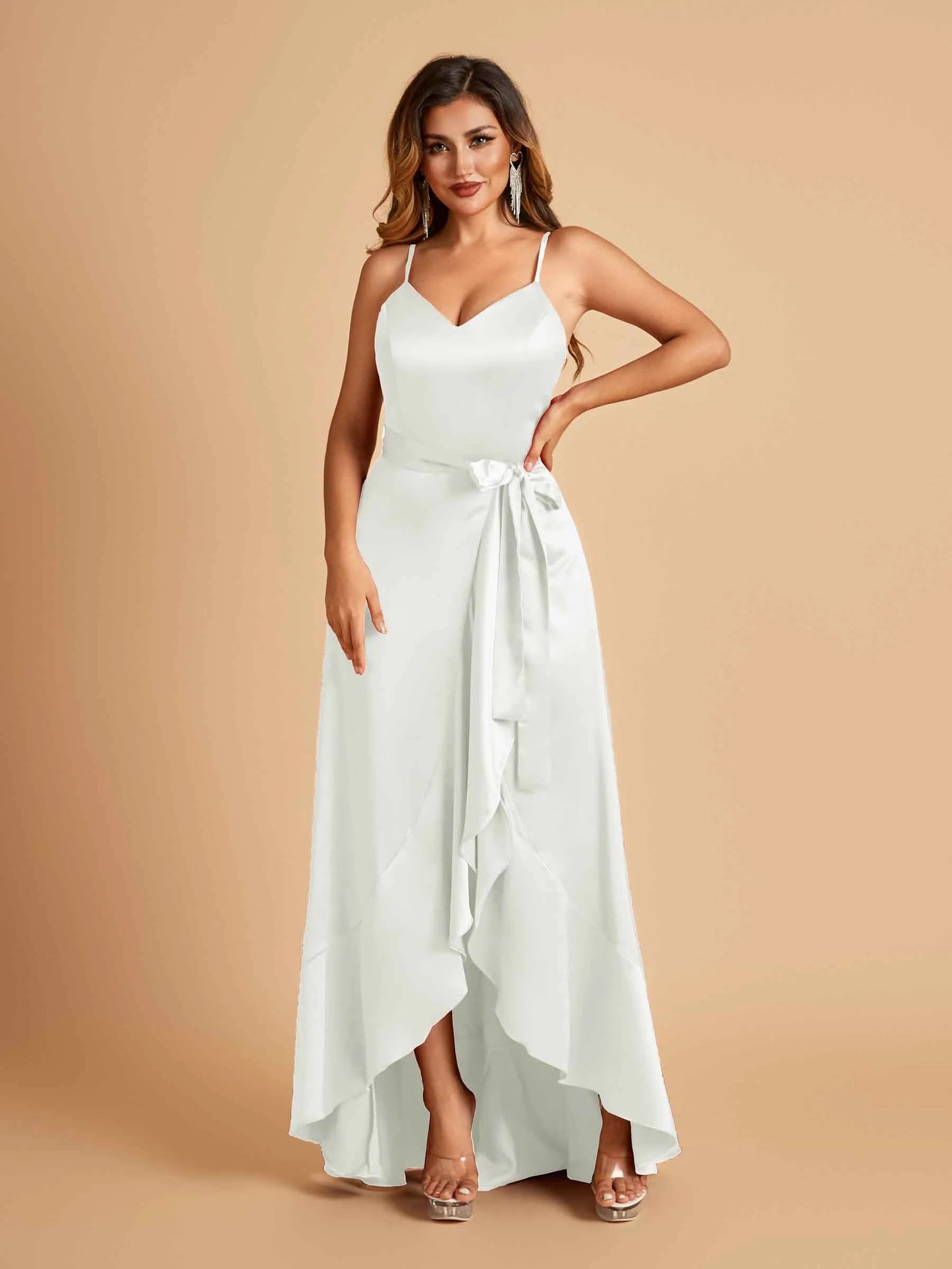 Satin Asymmetric V-neck Bridesmaid Dresses Sleeveless Side Slit A-line Unique For Sale