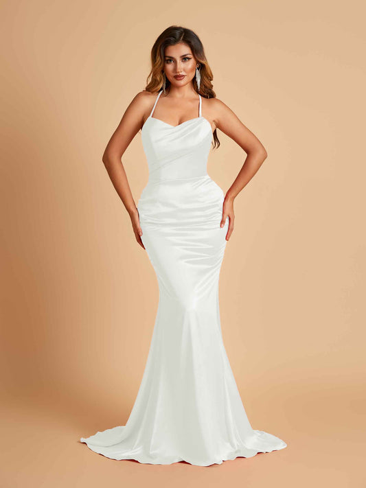 Sexy Satin Mermaid Bridesmaid Dresses Spaghetti Straps Scoop Criss-cross Back