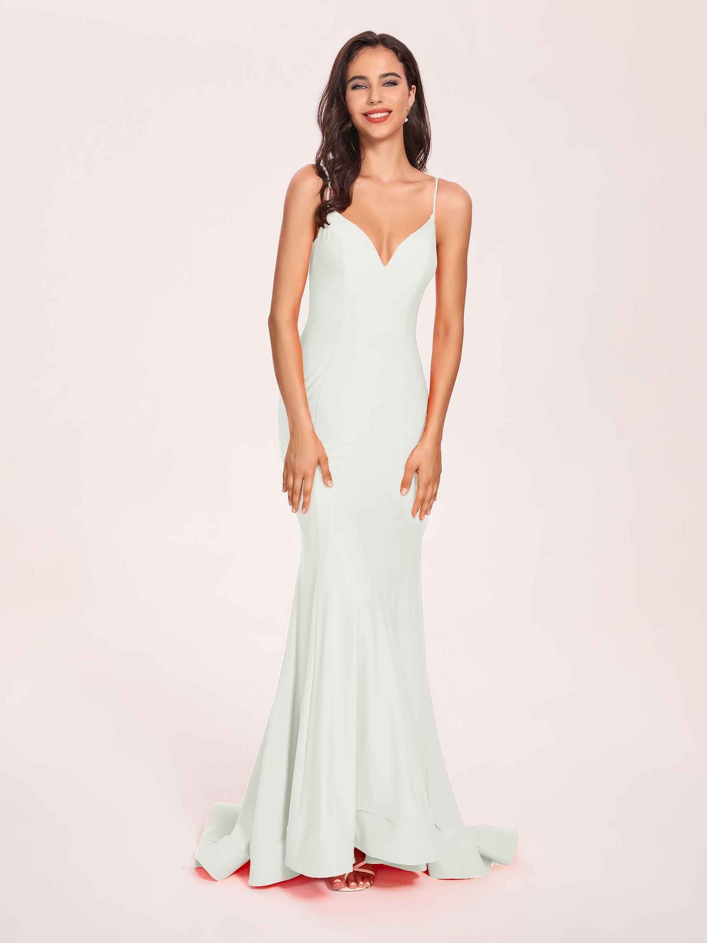Sexy Satin Mermaid Prom Dresses Spaghetti Straps V-neck Floor Length Lace-up Back