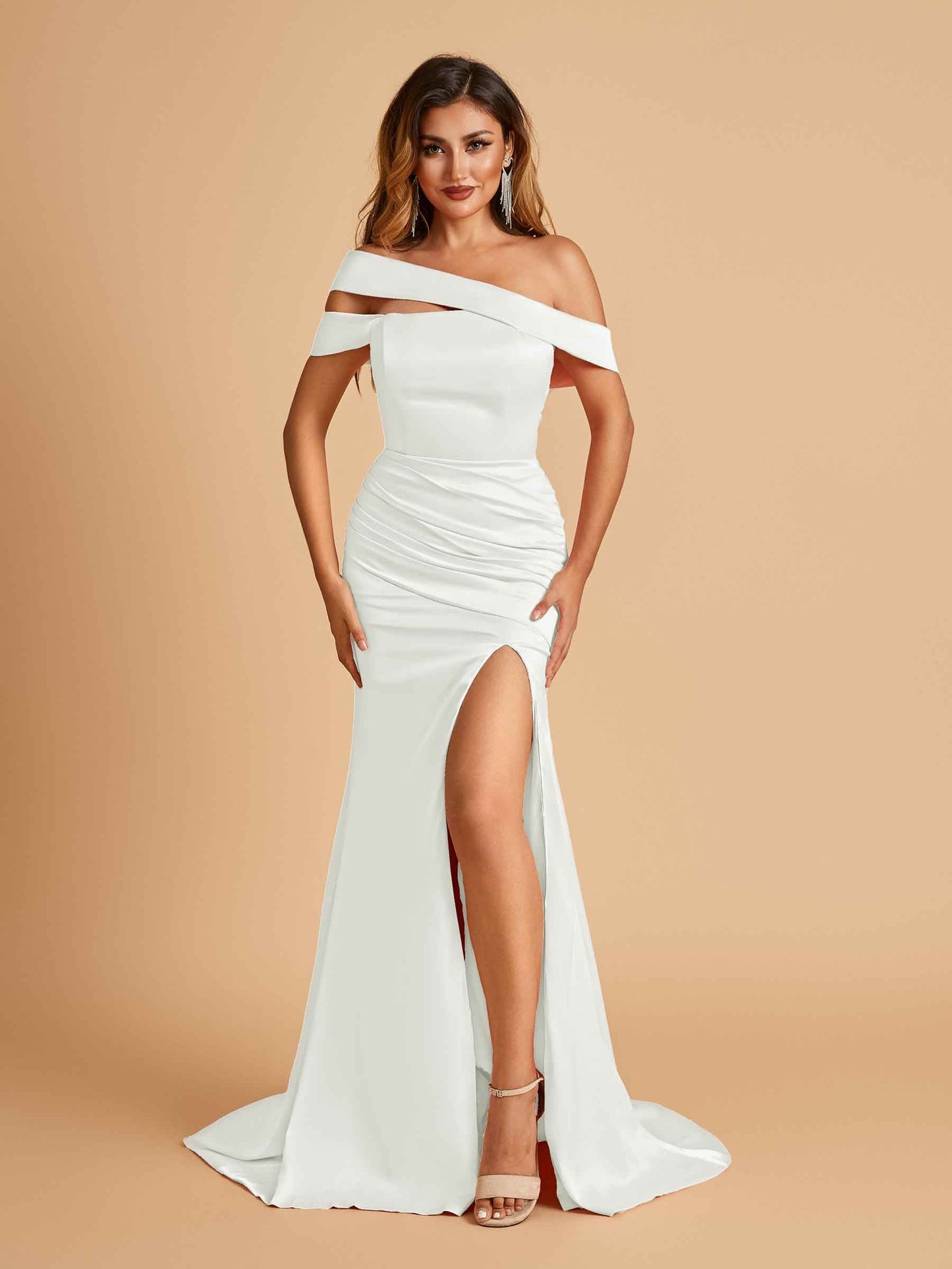 Unique Satin Mermaid Prom Dresses With Off Shoulder Straps Side Slit Floor Length