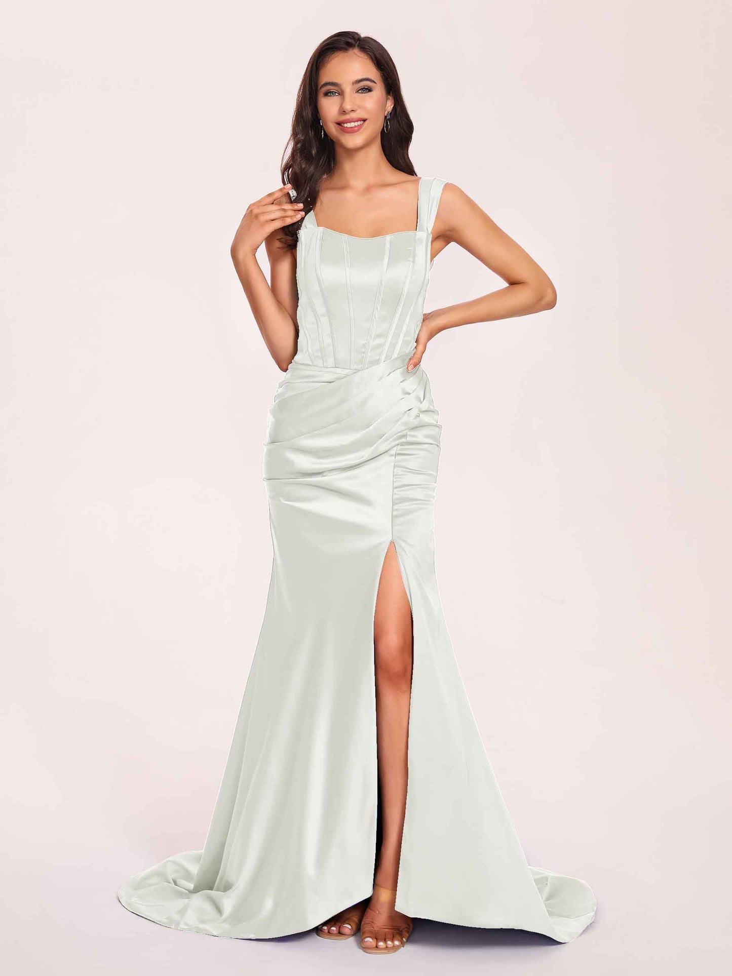 Sexy Satin Square Mermaid Bridesmaid Dresses Pleats Side-Slit Floor-Length Sleeveless