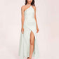 Sexy Satin Halter Strap Sheath Prom Dresses Side Slit Pleats Floor Length