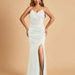 Sexy Satin Mermaid Bridesmaid Dresses Spaghetti Straps V-neck Side Slit Floor Length