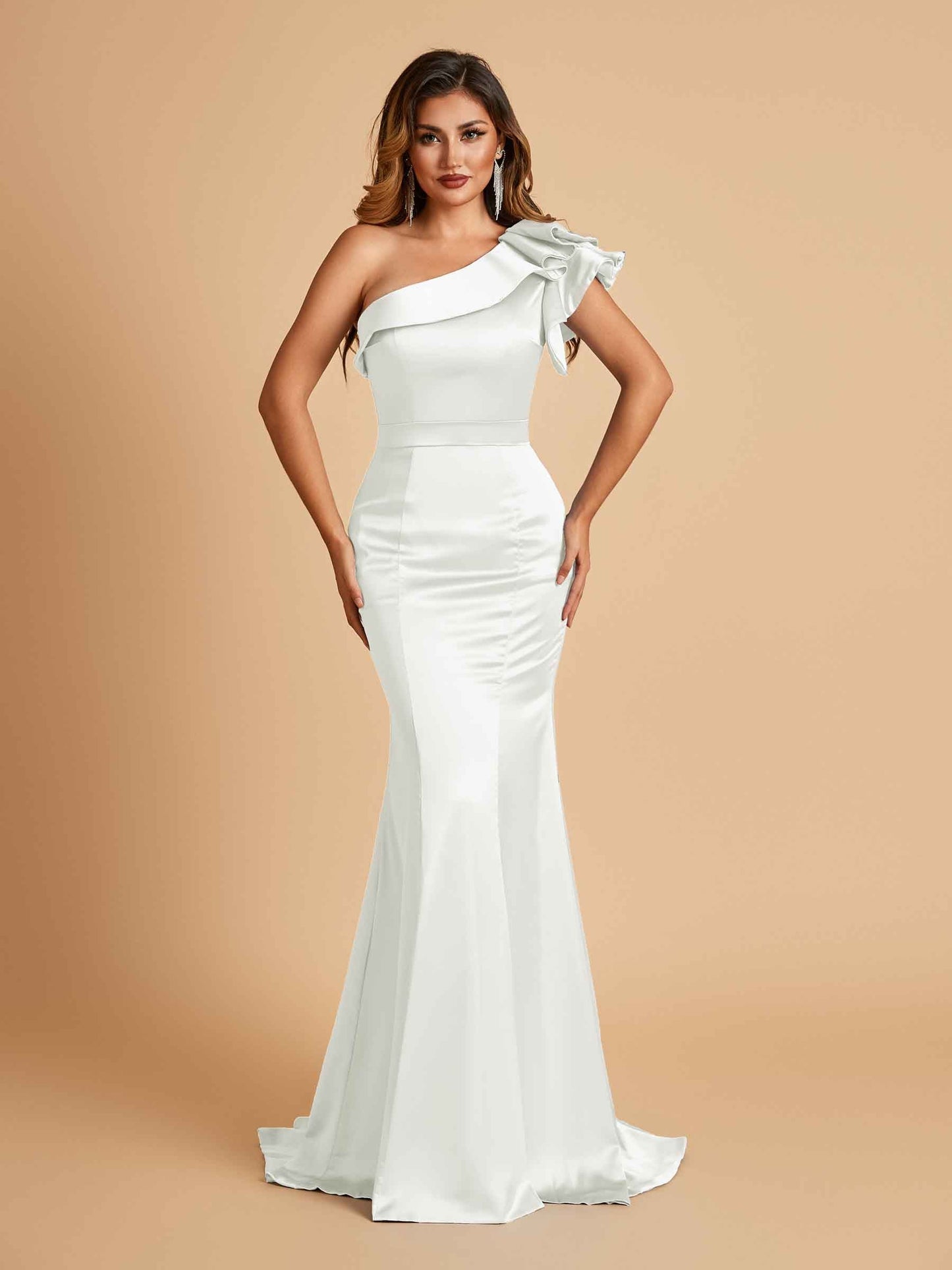 Satin One-shoulder Bridesmaid Dresses Ruffle Sleeves Mermaid Floor Length For Sale