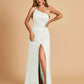 Satin One Shoulder Sheath Bridesmaid Dresses Spaghetti Straps Side Slit Floor Length