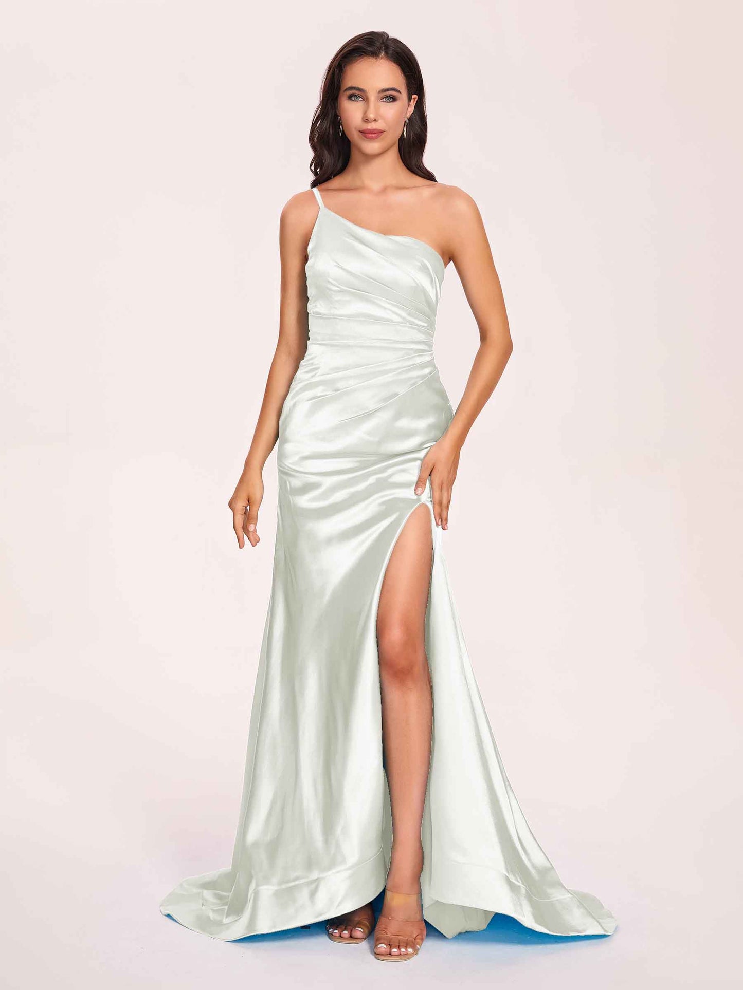 Satin One-shoulder Mermaid Bridesmaid Dresses Side Slit Pleats Floor Length