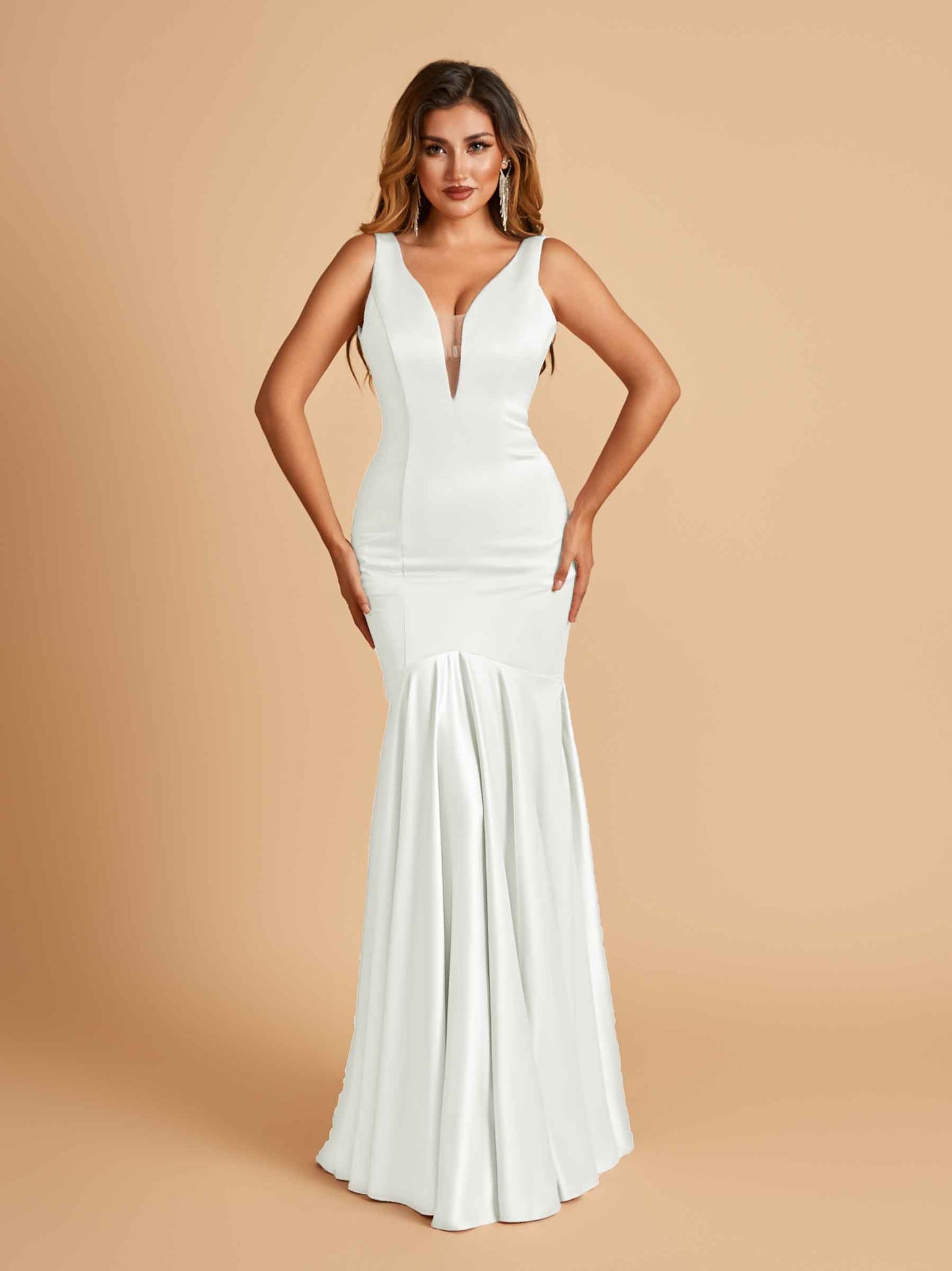 Satin Deep V-neck Mermaid Bridesmaid Dresses Half Open Back Floor Length