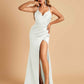 Satin Spaghetti Straps Long Prom Dresses V-neck Side Slit Criss-cross Back Sheath