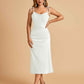 Sexy Satin Midi Prom Dresses Spaghetti Straps Slip Scoop Side Slit