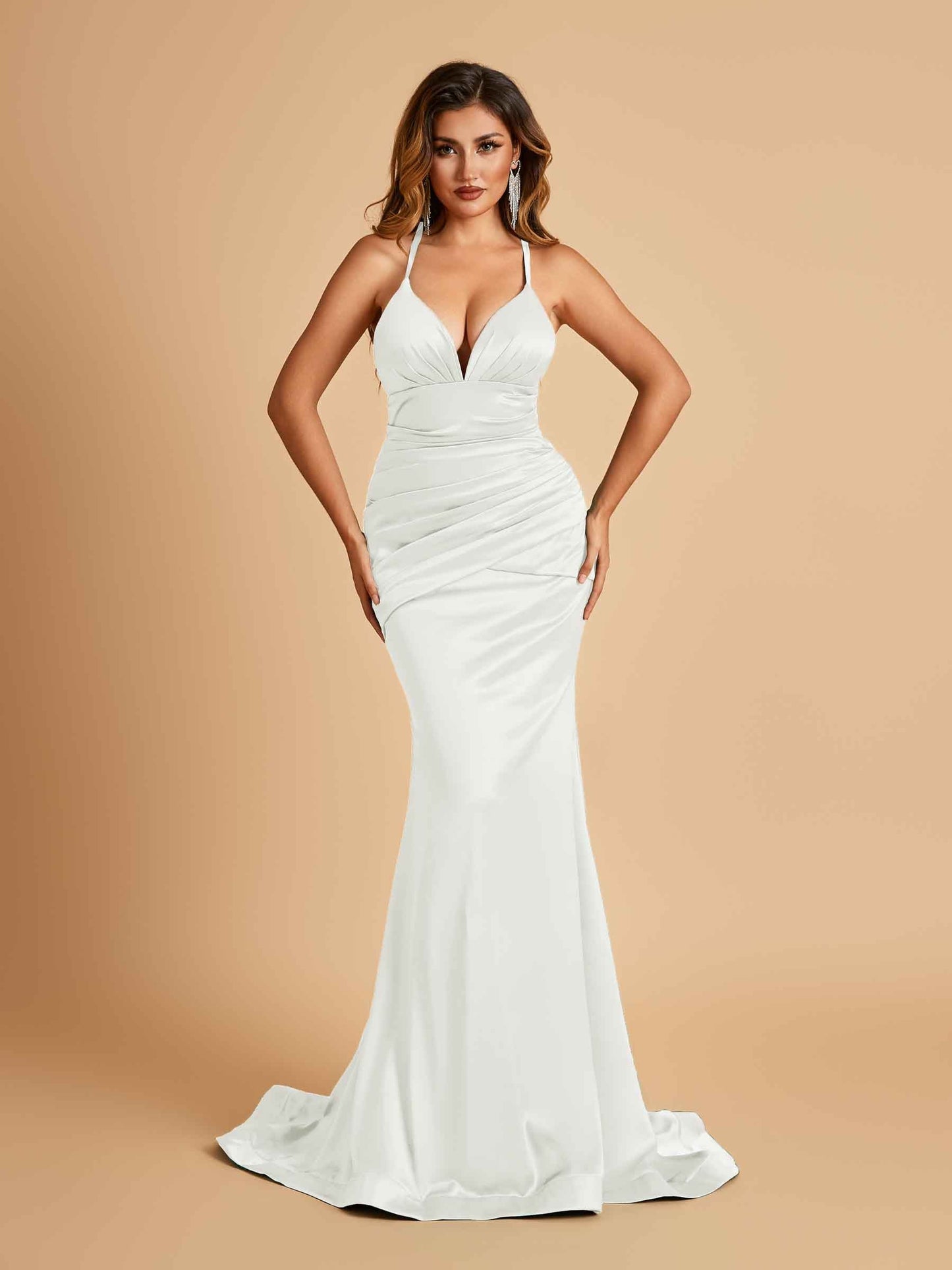 Satin Mermaid Open-back Prom Dresses Spaghetti Straps V-neck With Pleats Floor Length