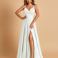 Satin A-line Long Prom Dresses Spaghetti Straps V-neck Side Slit Floor Length
