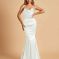 Satin Mermaid Open Back Prom Dresses Spaghetti Straps Scoop Floor Length