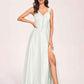 Satin V-neck A-line Prom Dresses Side slit Floor Length