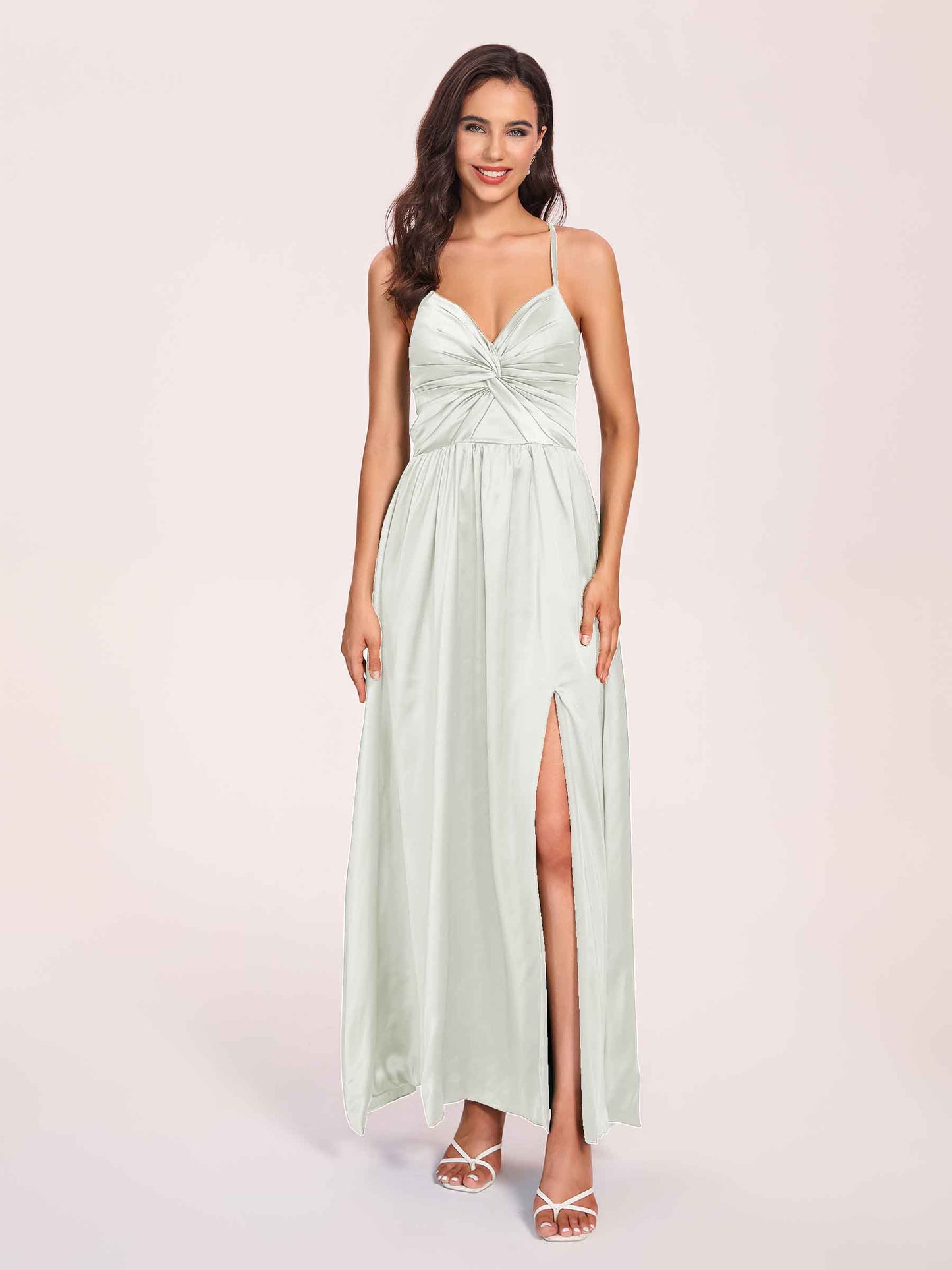 Satin Spaghetti Straps A-line Bridesmaid Dresses Side Slit Floor Length
