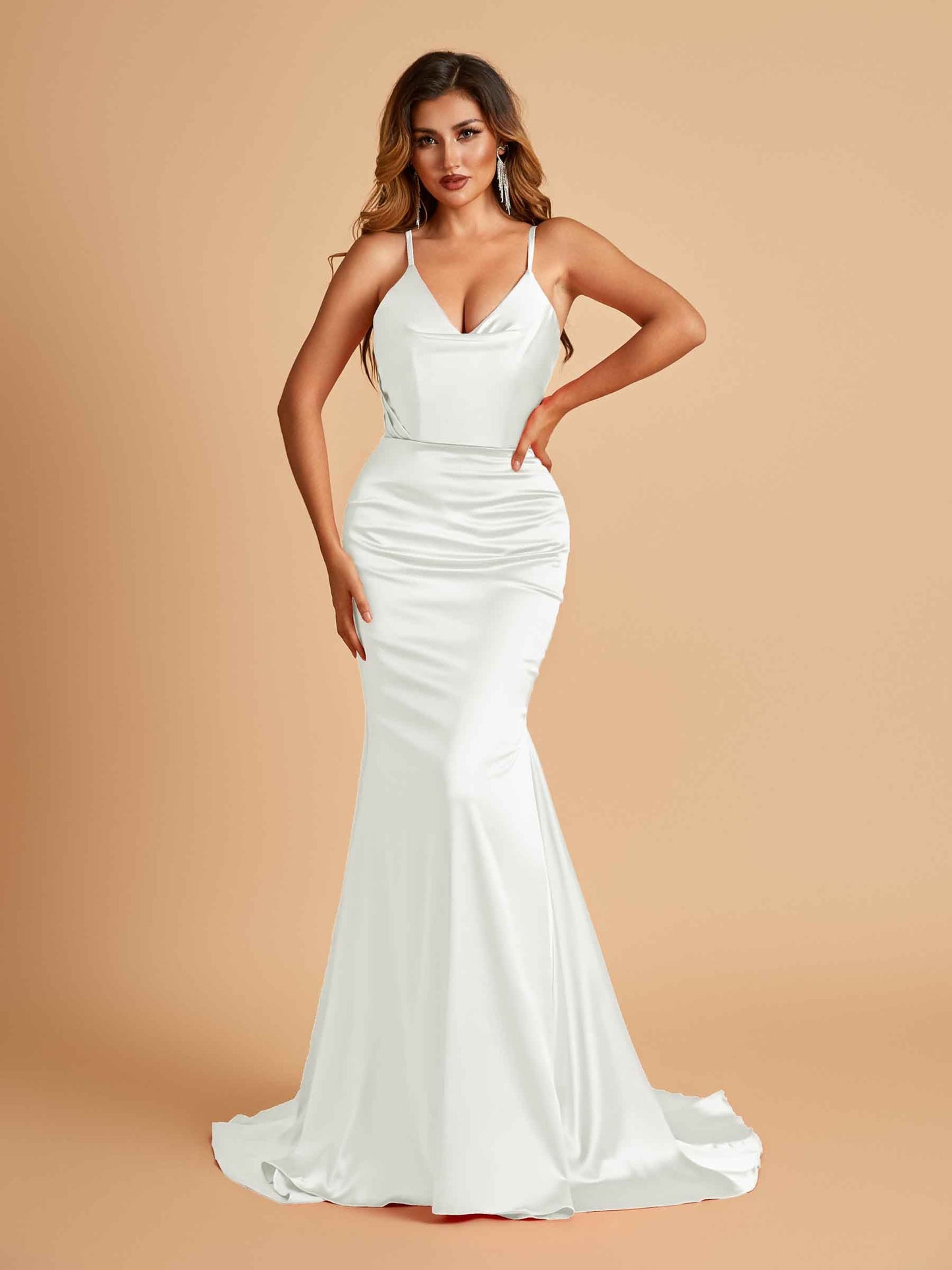 Sexy Satin Mermaid Prom Dresses Spaghetti Straps V-neck Pleats Floor Length
