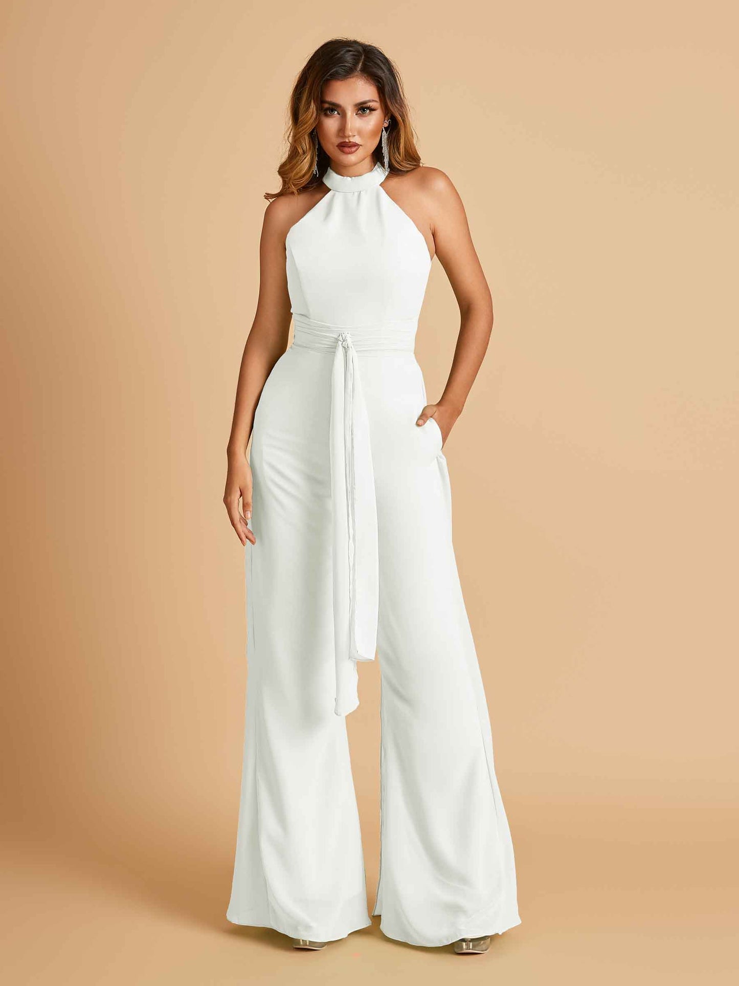 Chiffon Bridesmaid Jumpsuit Jewel Neck Sleeveless Floor Length With Pockets