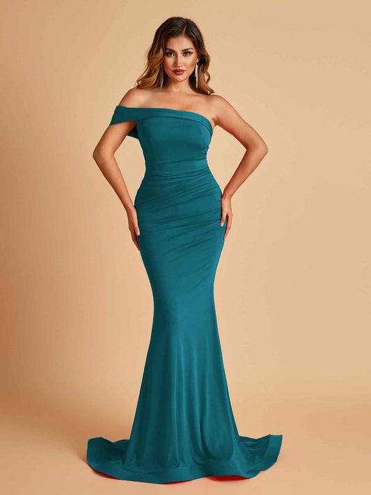 Sexy Jersey One Shoulder Bridesmaid Dresses Mermaid Pleats Floor Length Unique