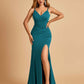 Jersey Mermaid Bridesmaid Dresses Spaghetti Straps V-neck Side Slit Pleats Floor Length