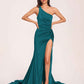 Jersey One-shoulder Prom Dresses Open Back Pleats Side-Slit With Train Long