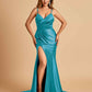Satin Mermaid V-neck Prom Dresses Spaghetti Straps Side Slit Floor Length