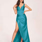 Satin Spaghetti Straps Corset Prom Dresses Pleats Side-Slit Sheath Floor Length