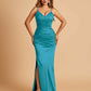 Satin Mermaid Long Prom Dresses Spaghetti Straps V-neck Side Slit Floor Length