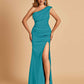 Satin One-shoulder Bridesmaid Dresses Mermaid Side Slit Sleeveless Floor Length
