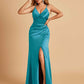 Sexy Satin Sheath Bridesmaid Dresses Spaghetti Straps V-neck Side Slit Pleats Floor Length For Sale
