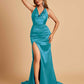 Sexy Satin Open Back Prom Dresses Mermaid V-neck Side Slit With Train