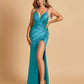 Sexy Satin Spaghetti Straps Prom Dresses V-neck Side Slit Pleats Floor Length Sheath