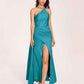 Sexy Satin Halter Strap Sheath Prom Dresses Side Slit Pleats Floor Length