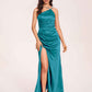 Satin Halter Pleats Sheath Prom Dresses Side-Slit Floor Length Sleeveless