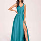 Satin V-neck A-line Prom Dresses Side slit Floor Length