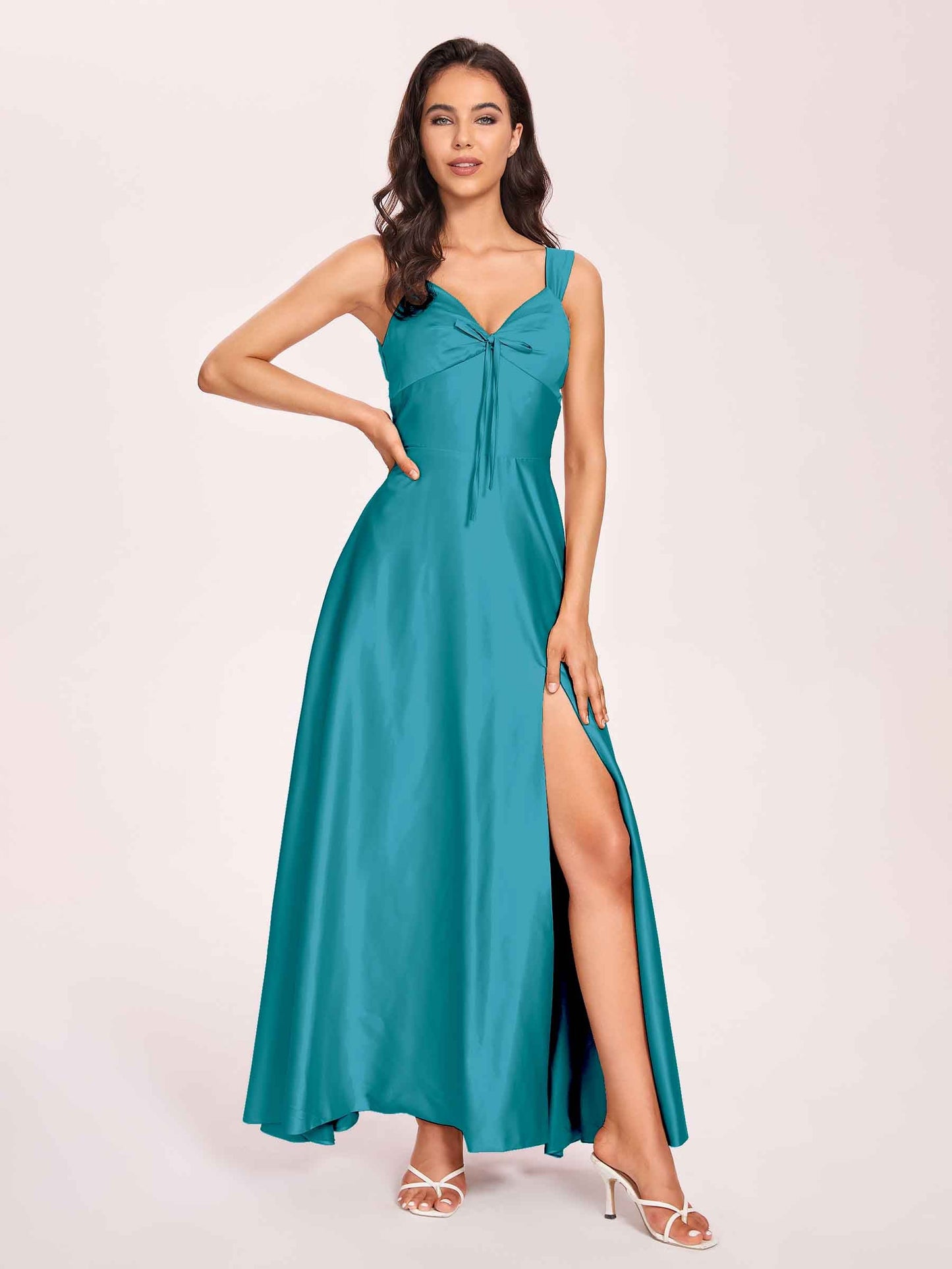 Satin V-neck A-line Prom Dresses Side slit Floor Length