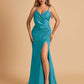 Sexy Satin Sheath Prom Dresses Spaghetti Straps V-neck Side Slit Floor Length