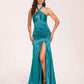 Sexy Satin Halter Long Bridesmaid Dresses Side Slit Pleats Floor Length Sheath