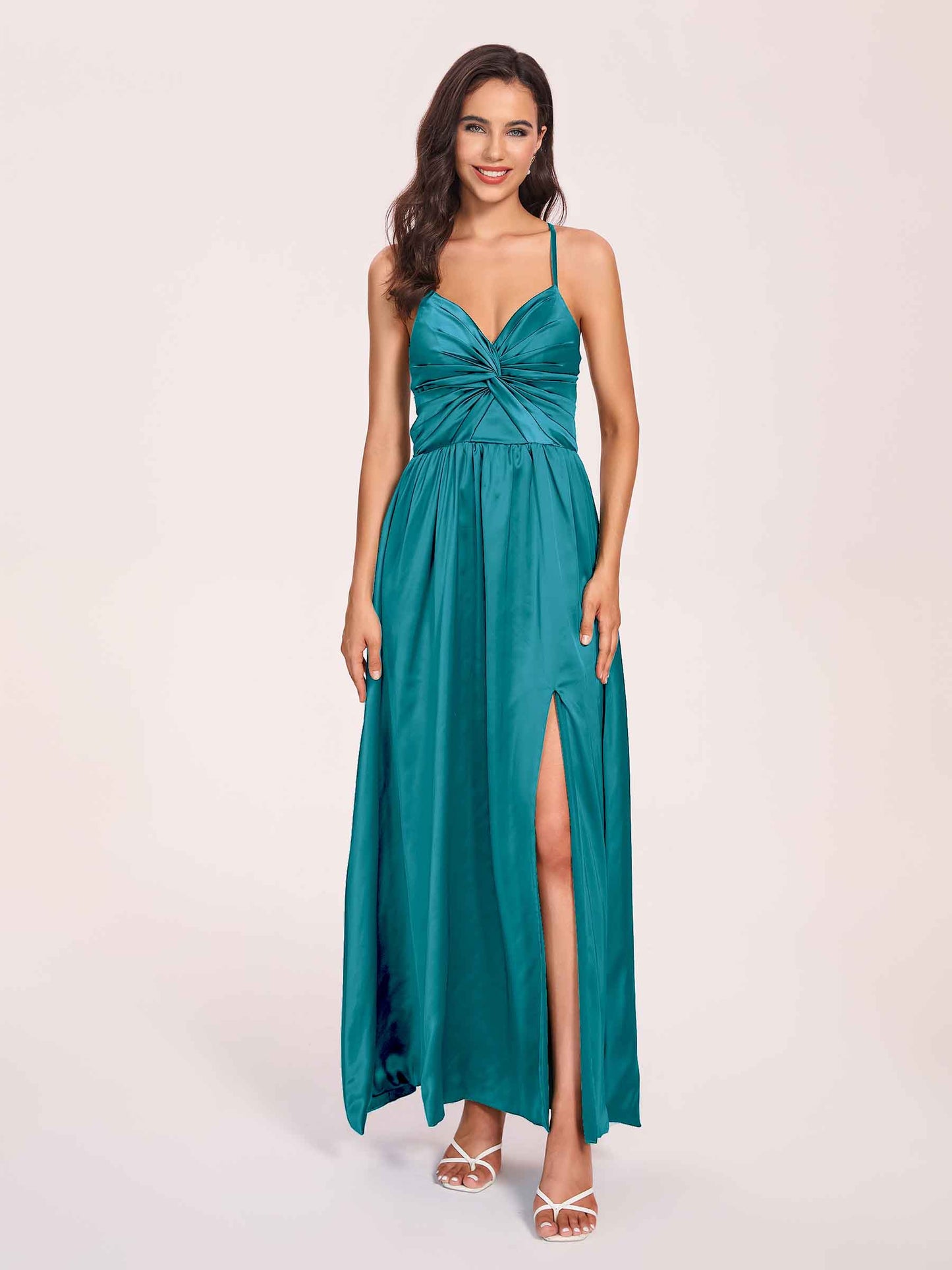 Satin Spaghetti Straps A-line Bridesmaid Dresses Side Slit Floor Length